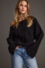 Tavern Black Off the Shoulder Cable Knit Sweater