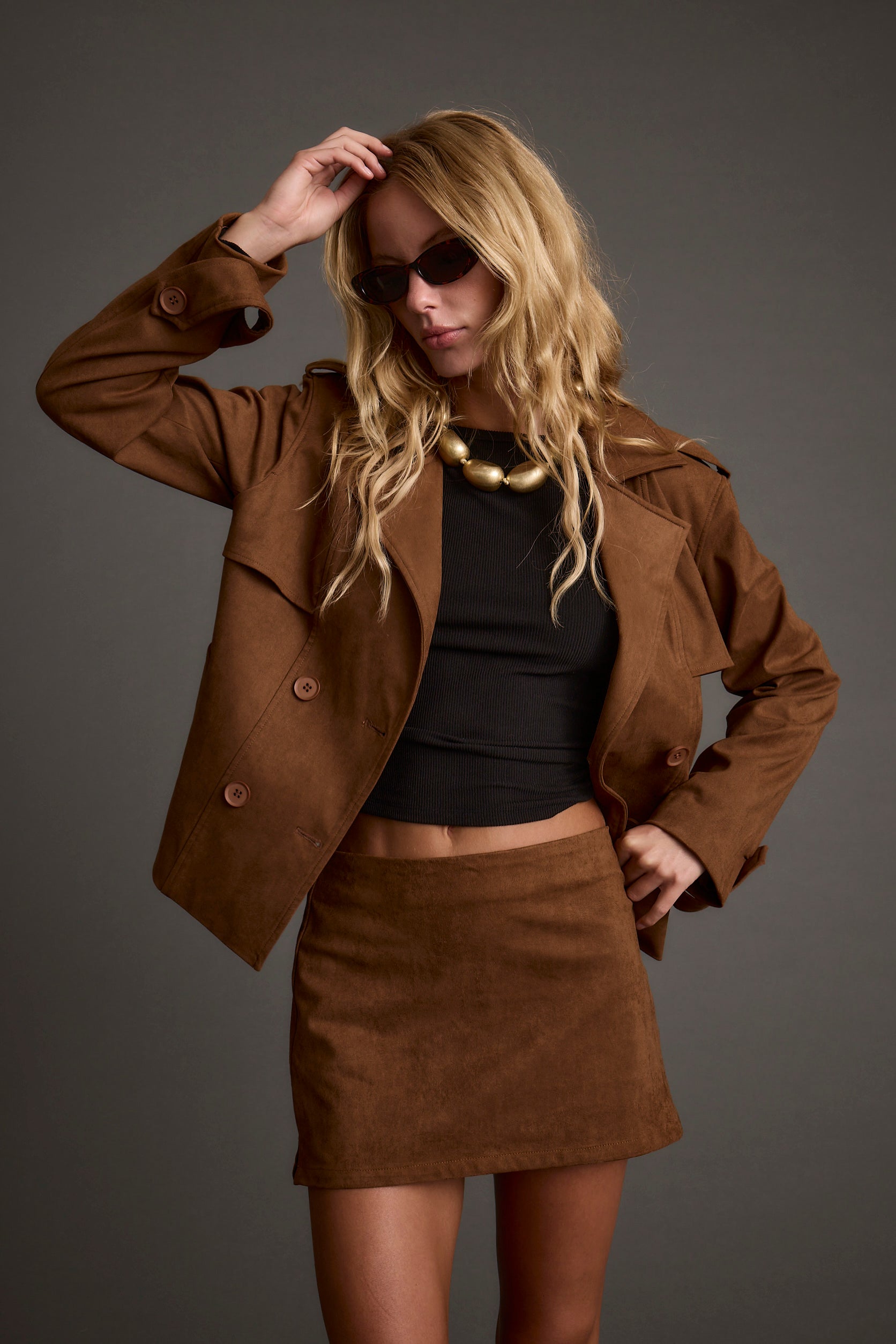 Moxie Cognac Vegan Suede Mini Skirt