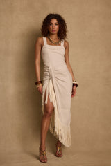 Serenade Beige Linen Wrap Midi Dress